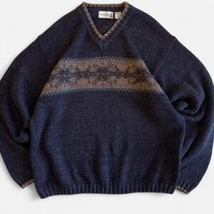 Vintage Fieldmaster Black Chunky Knit Brown Fair Isle Pattern V-Neck Sweater